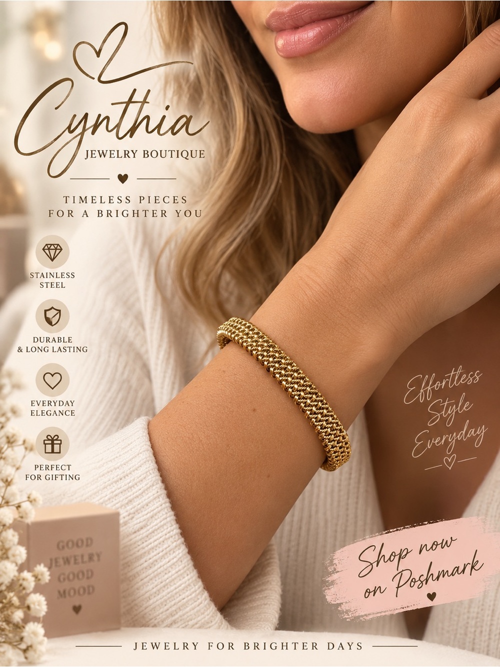 Gold Mesh Cuff Bracelet - Sleek Woven Stainless steel adjustable.